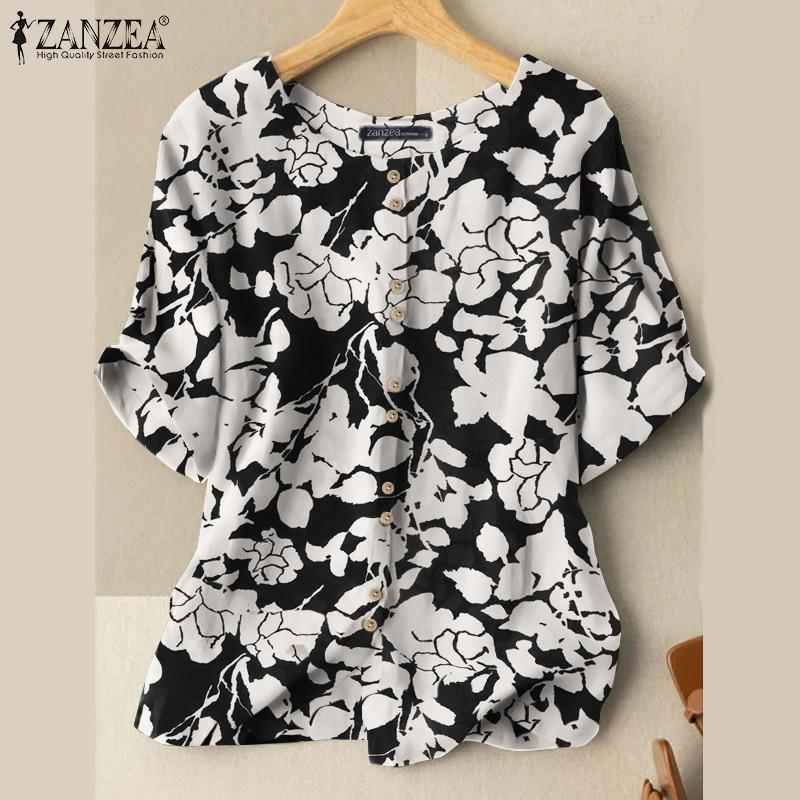

ZANZEA Женская повседневная летняя блузка с круглым вырезом и коротким рукавом с цветочным принтом, топы
