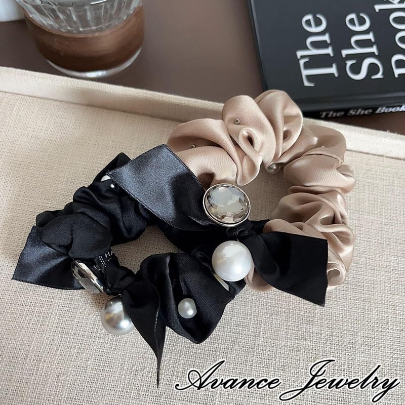 Avance Hair Jeweled Hair Pearl Cute and Adult Khaki Accessories, Ribbon, Tie, Scrunchie, Women's, Black, Beige, (Beige)
