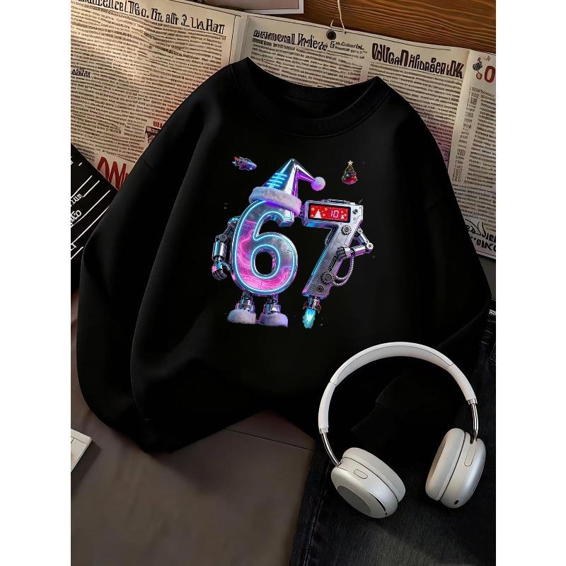 Christmas Gift For Kids Cyberpunk Robot Number 67 Neon Graphic Sweatshirt Unisex Boys Girls Santa Hat Futuristic Crewneck Long Sleeve Black 110 чёрный