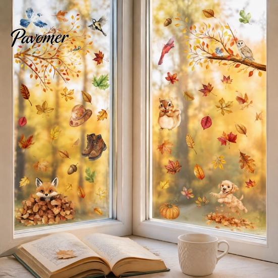 Pumpkin Squirrel Window Art 9PCS Thanksgiving Static Clings, Fall Leaves Birds Cute Animals Autumn Clings for Glass Stickers, No-Adhesive Removable
