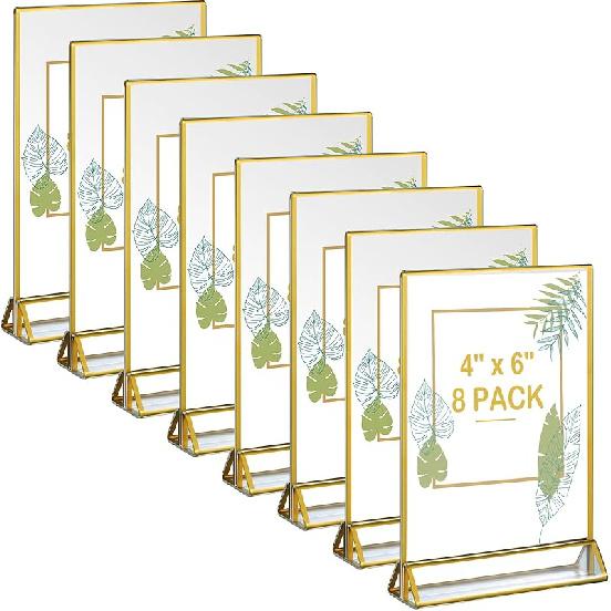 8 Pack Acrylic Sign Holder Gold Borders,4 x 6 Gold Table Number Holders Vertical Stand,Double Sided Clear Picture Frames,Gold Sign Holders Display Vertical-8 Pack-4  x 6