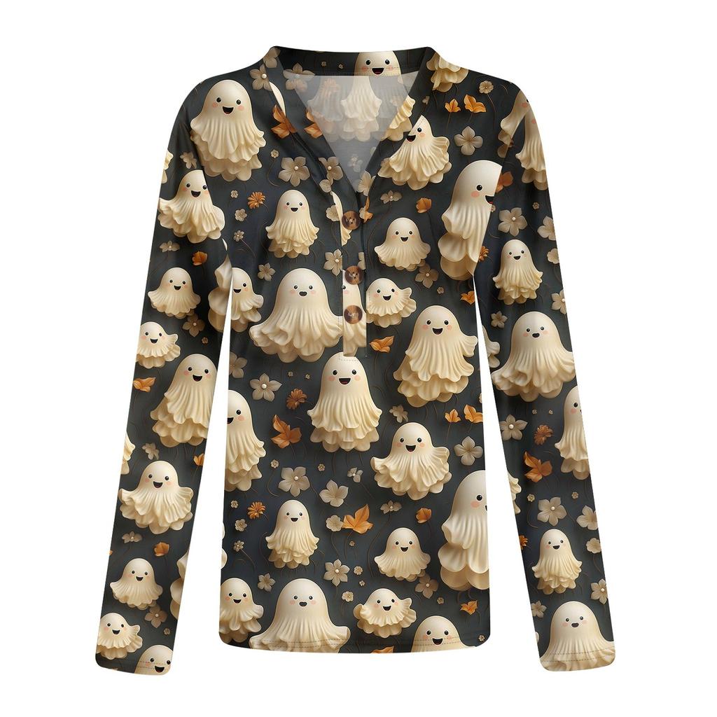 Women's Casual V-Neck Pullover Halloween Print Button Top