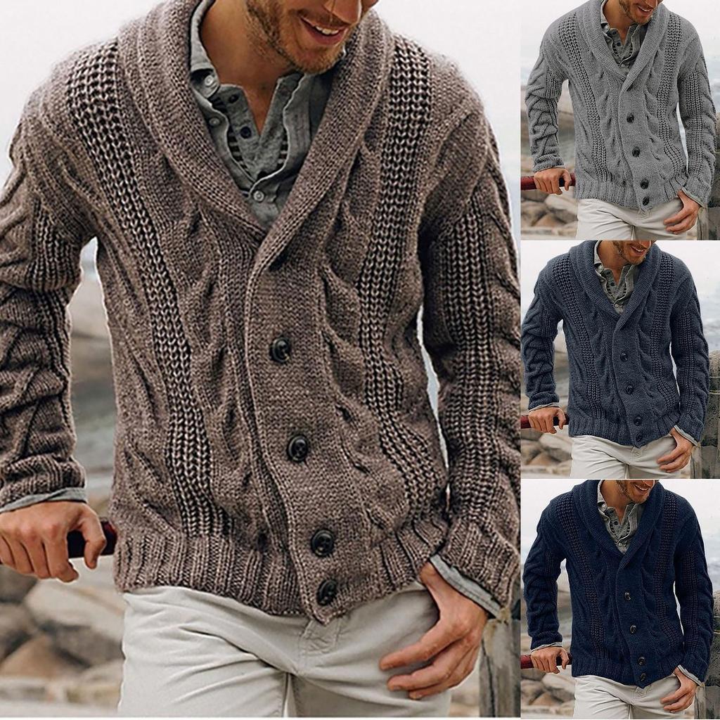E Moda Uomo Invernale Cardigan Largo Caldo Giacca con Cappuccio e Revers Maglione Cappotto a Maglia