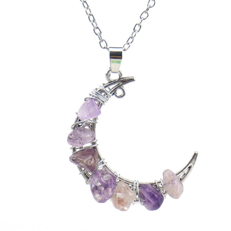 

Vintage Handmade Colorful Beaded Gravel Crystal Amethyst Moon Pendant Necklace N551 аметист