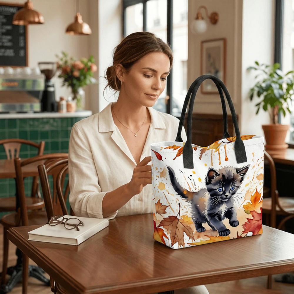 Herbst Kätzchen Muster Canvas Tragetasche Lässig Große Kapazität Tägliches Einkaufen Schulter Handtasche