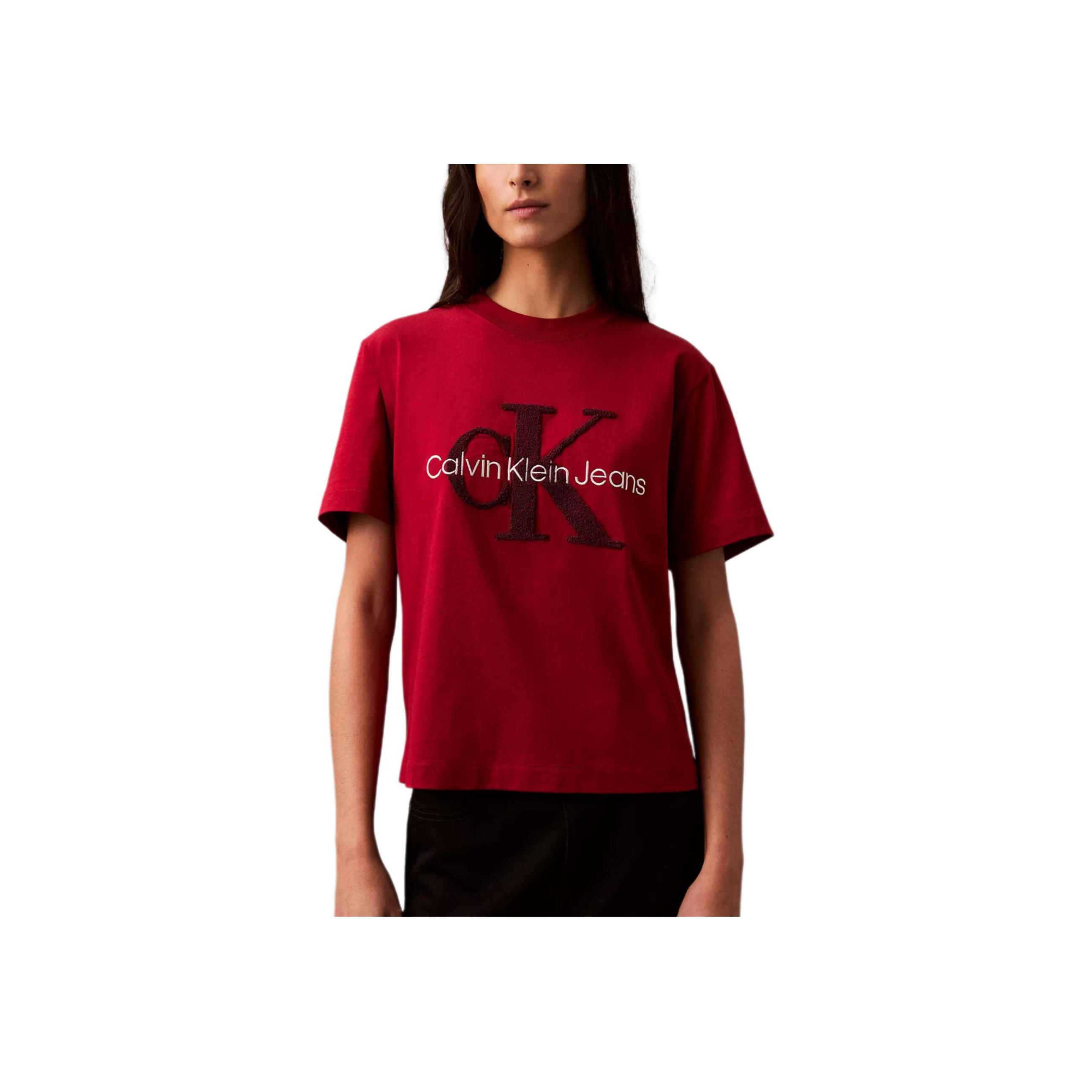 Calvin Klein Soft Casual Breathable Letter Round Neck Short Sleeve T-Shirt Women Tops Burgundy 47A203G-600 XL