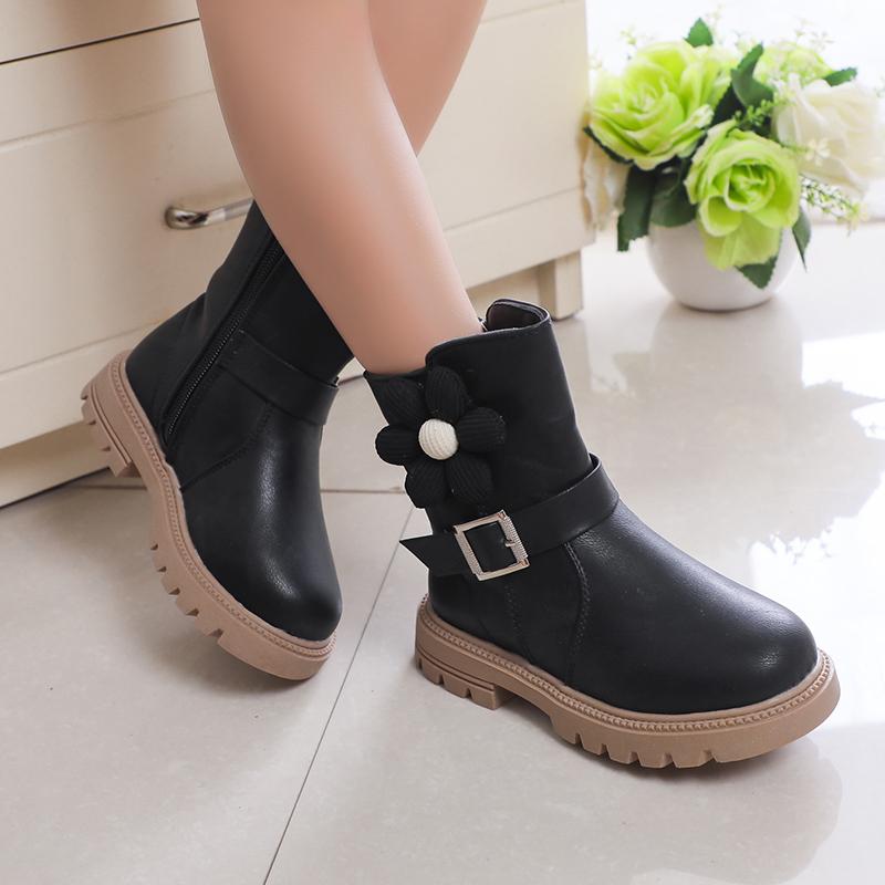 Sweet Princess Boots Flowers Cute Buckle Fashion Kids Shoes Side Zipper Children Casual Shoes PU 2024 New Brown Beige Elegant