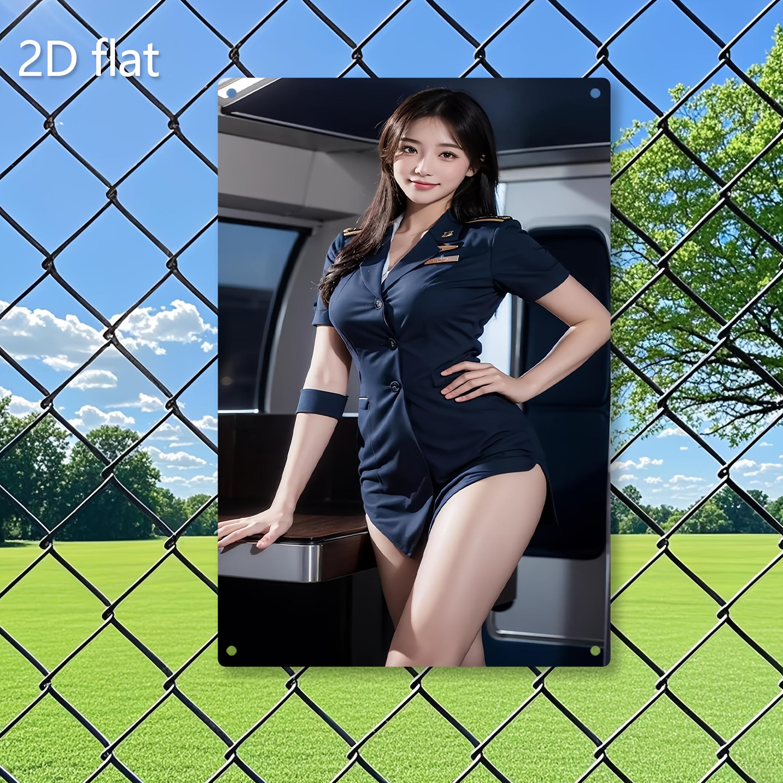 

HD Metal Tin Sign Alluring Asian Flight Attendant in Navy Blue Uniform Airplane Cabin Scene Vintage Wall Art Plaque Retro D Dec 20x30cm（7.8x11.8inch）