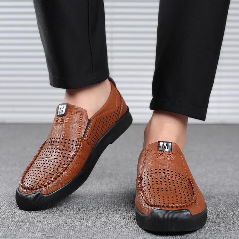 Summer Hollow Out Microfiber Leather Mens Casual Shoes Man's Flat Loafers Office Business Dress Male Work Walking Driving Shoes