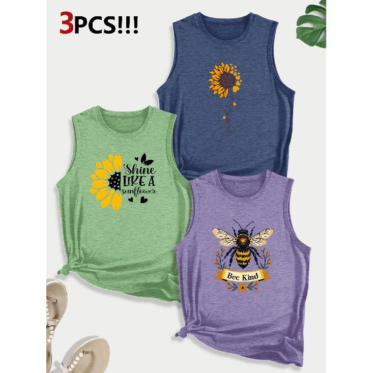 Sunflower and Bee Combination Gift Print Pattern Round Neck3Pack of Sleeveless Vests for Women In Spring, Summer, and Autumn