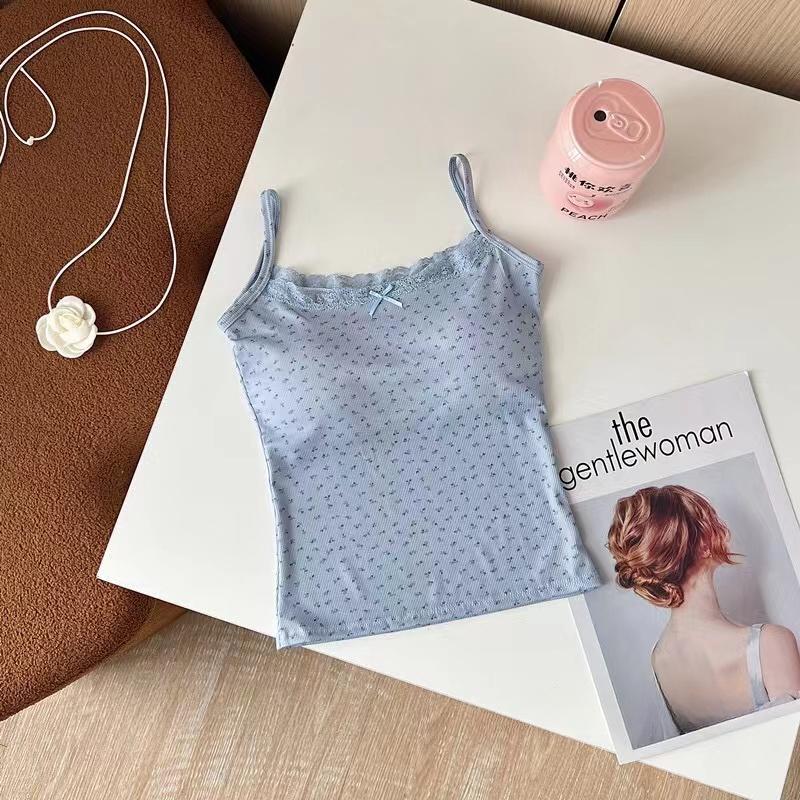 Elegant Lace Flower Print Y2K Slim Sexy Vest Floral Tops One Size Floral Tank Tops Spring