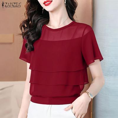 Women Casual Sheer Mesh Splice Round Neck Short Sleeve Blouse