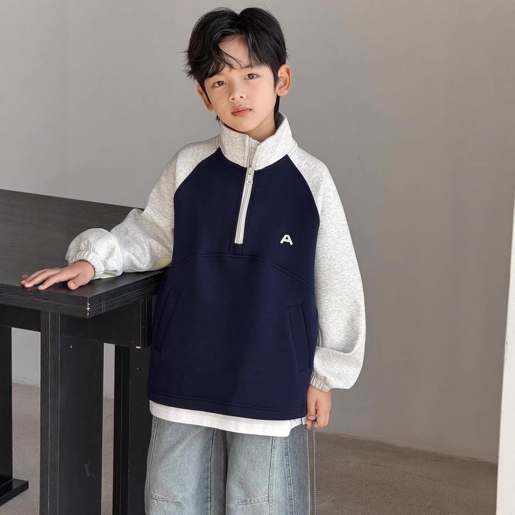 Boys Half Zip Sweatshirt Korean Style Big Kids Autumn Spring Casual Top