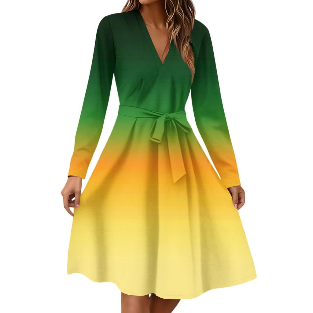 Women's Fashion Casual V-Neck Long Sleeve Waist Floral Print Midi Dress