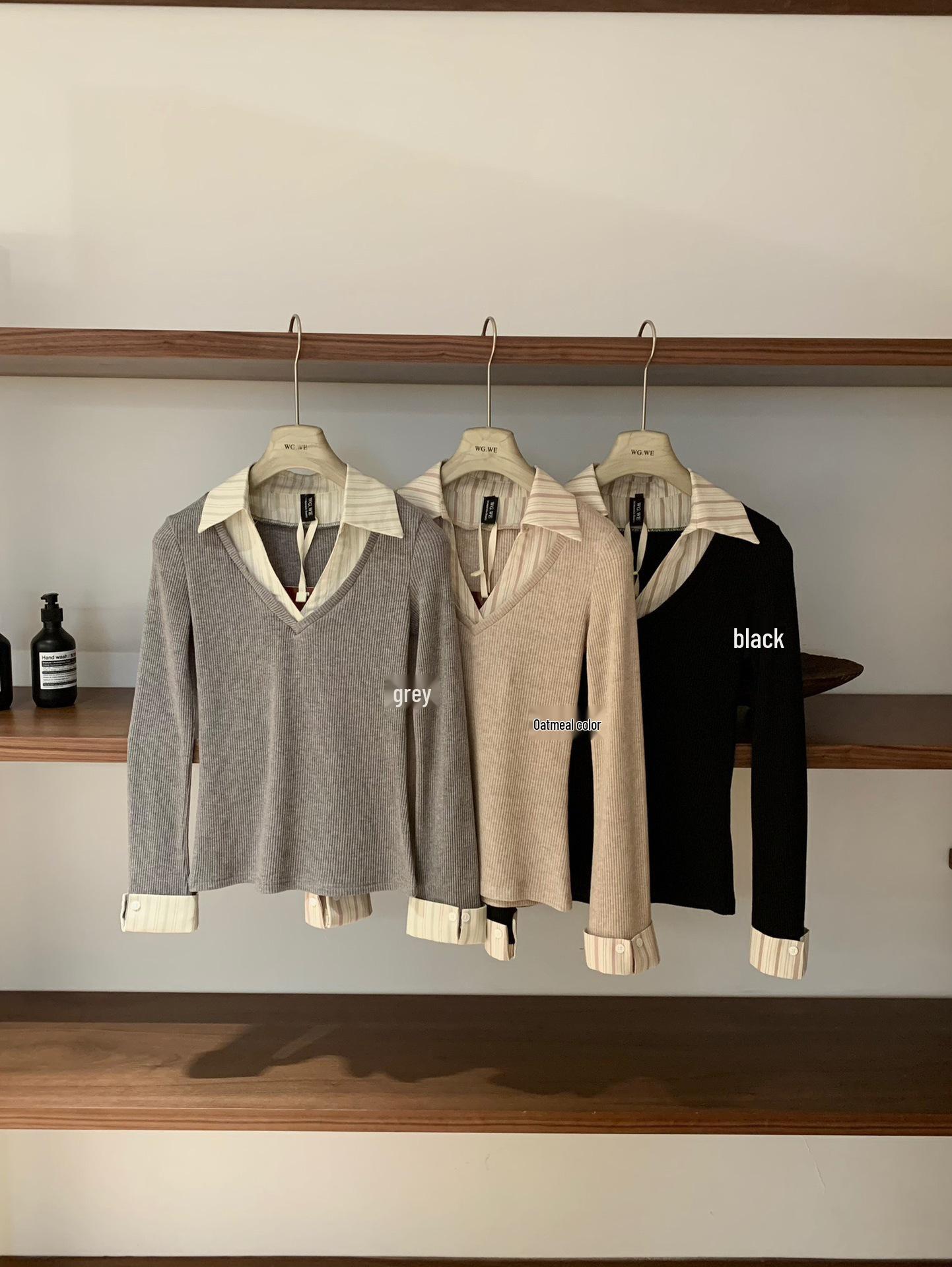 Women s Petite Patchwork Lapel Long Sleeve Top - Early Autumn Style Medium