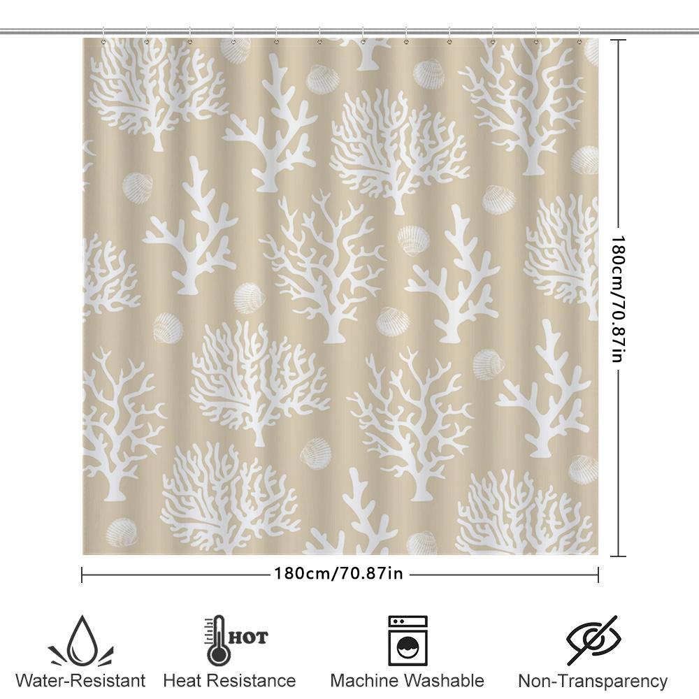 Corals Printed Shower Curtain White Coral Reef Pattern Bathroom Decoration Waterproof Fabric Shower Panel Liner Beige Color (180