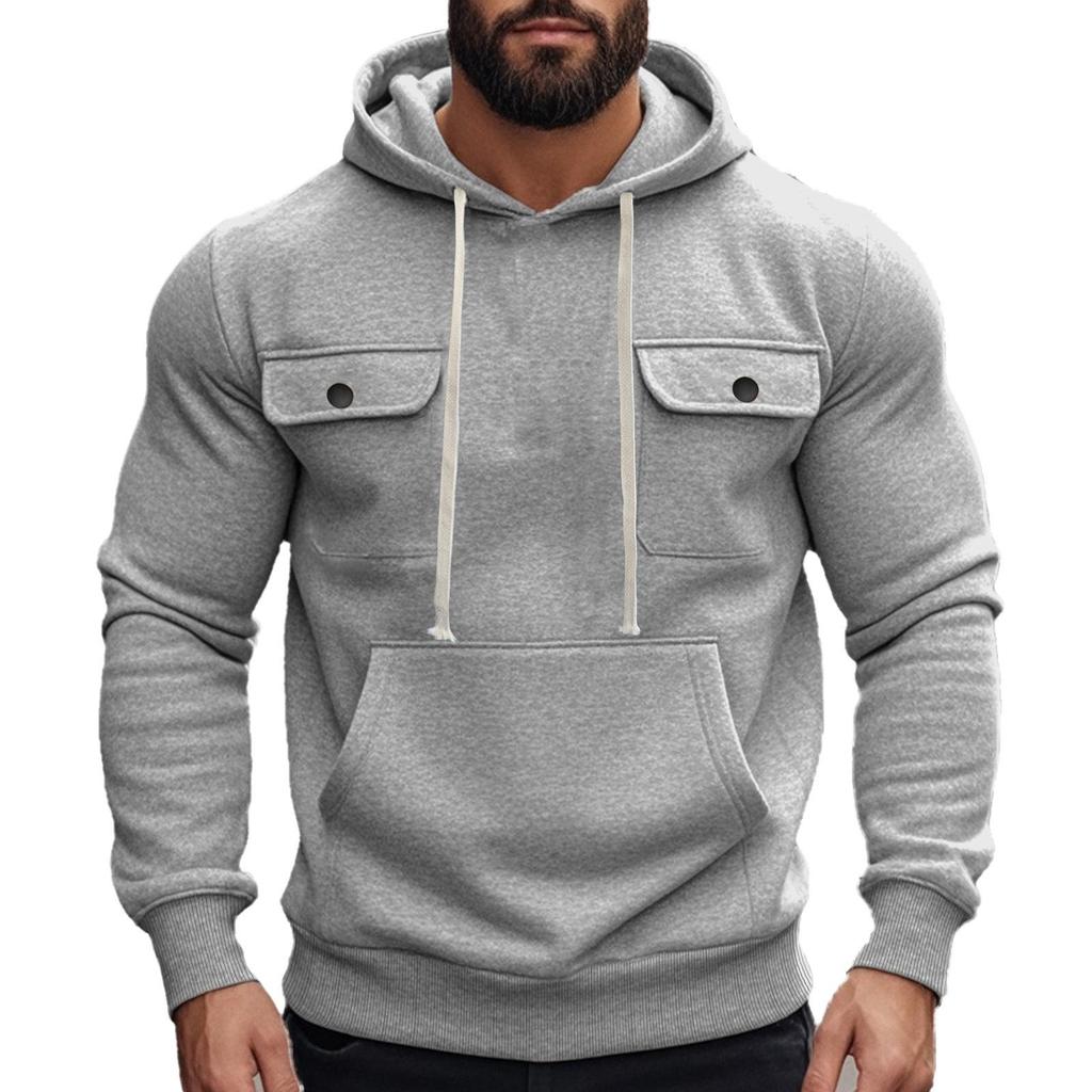 Men's American Style Heavyweight Plus Velvet Hooded Outdoor Workwear Sweatshirt - Multi-Pocket, Long Sleeve, Autumn/Winter Warmth