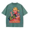 2026 Vintage Retro Girl Sewing Horror Graphic Washed T Shirt Dark Humor Spooky Casual Oversized Short Sleeve Streetwear Tee