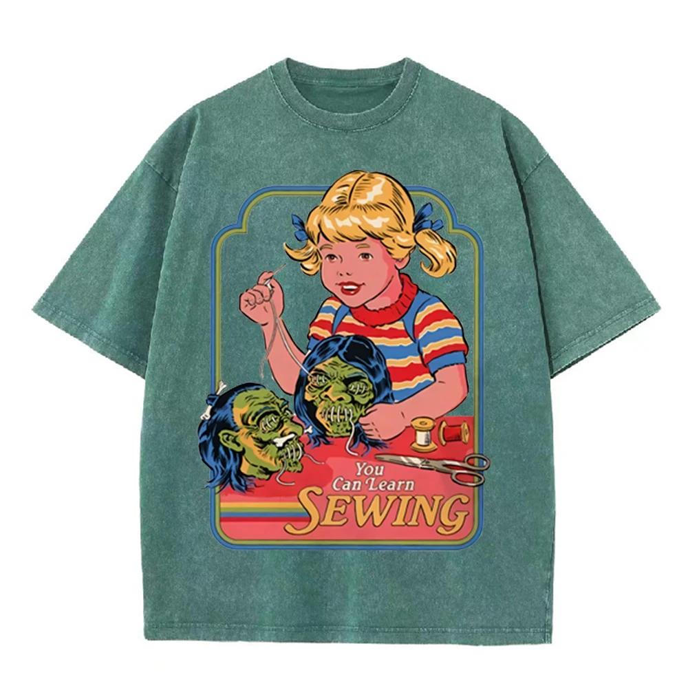 2026 Vintage Retro Girl Sewing Horror Graphic Washed T Shirt Dark Humor Spooky Casual Oversized Short Sleeve Streetwear Tee
