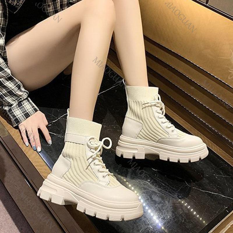 Fashion Spring Autumn Knitted Sock Boots for Women Round Head Lace-up High-heeled Comfortable Versatile Short Boots Fashion Women's Shoe