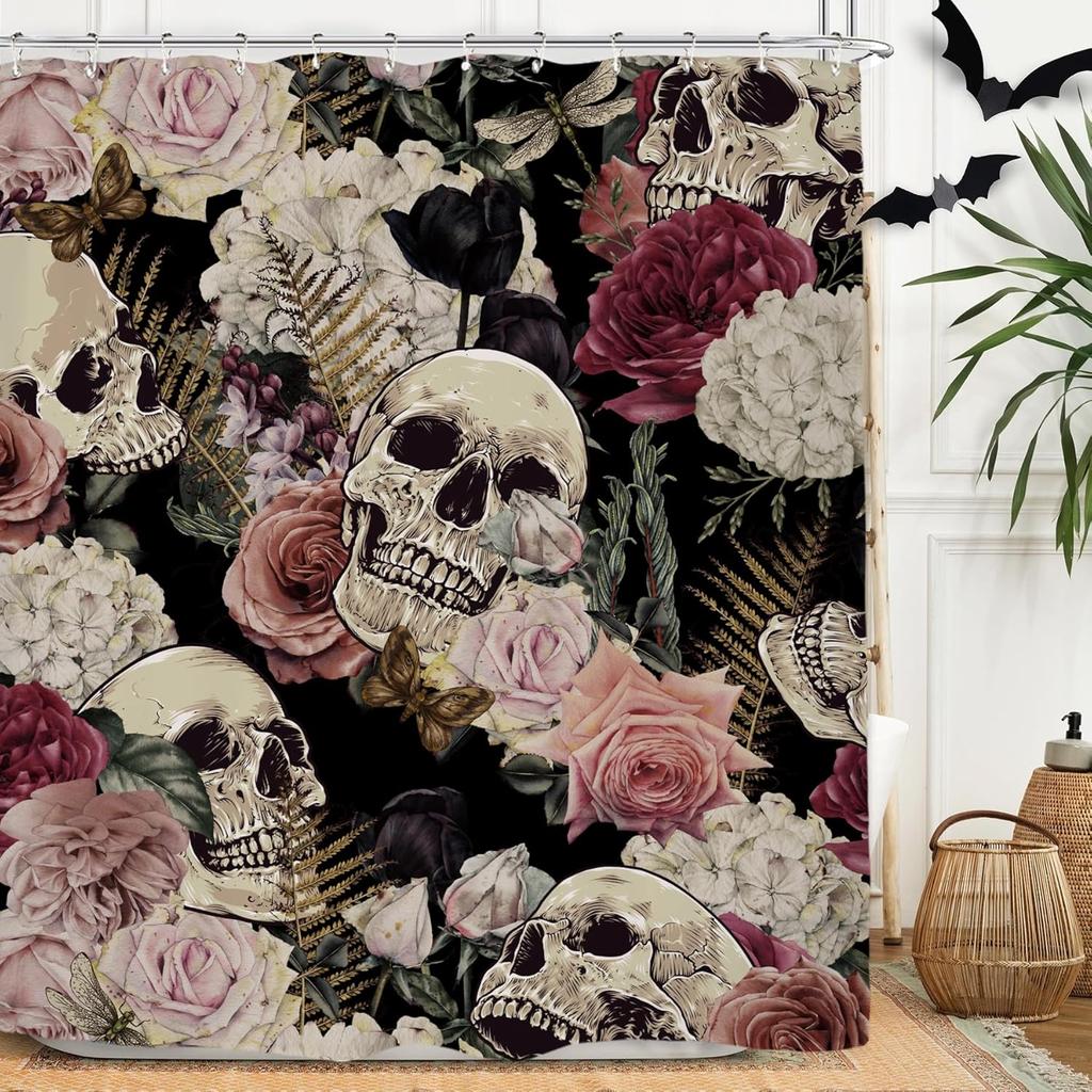 Witchy Gothic Shower Curtain - Moon Phase & Teal Wildflower Design,Mysterious Night Botanical Polyester,60x71 Inch with 12 Hooks