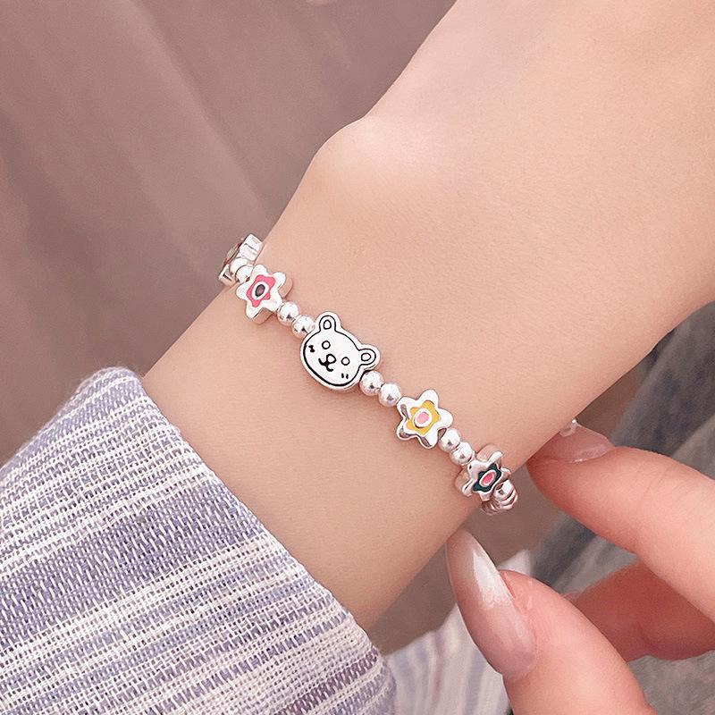 Banyan Tree S925 Silver Colorful Flower Bear Beaded Bracelet for Women - Summer Girlish Jewelry