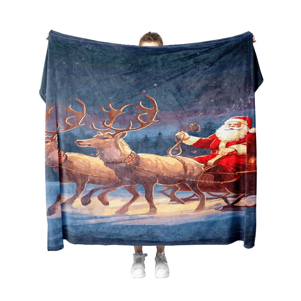 Tuniu Christmas Santa Sleigh Ride Fleece Blanket for Sofa Bed Bedroom Living Room Decoration Warm Soft Gift