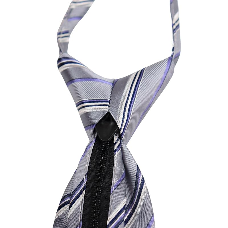 [Michiko London] one touch tie brand striped pattern present gift Fashionable silk zipper tie zip tie not tied Easy to install (MKZP-35-C gray)