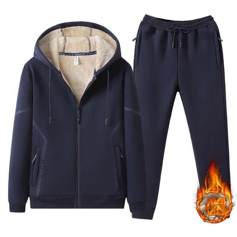 Mens Lambswool Thickened Sportswear Set Autumn Winter Plus Size Fleece Cardigan Two Piece Sweatshirt