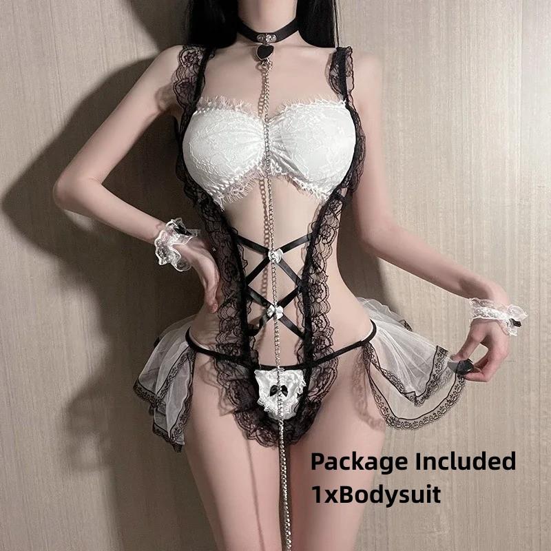 Porn Mesh Crotchless Bodysuit Women Sexy Lingerie Set Maid Dress Cosplay Costume Servant Lolita Lace Uniform Erotic Suit