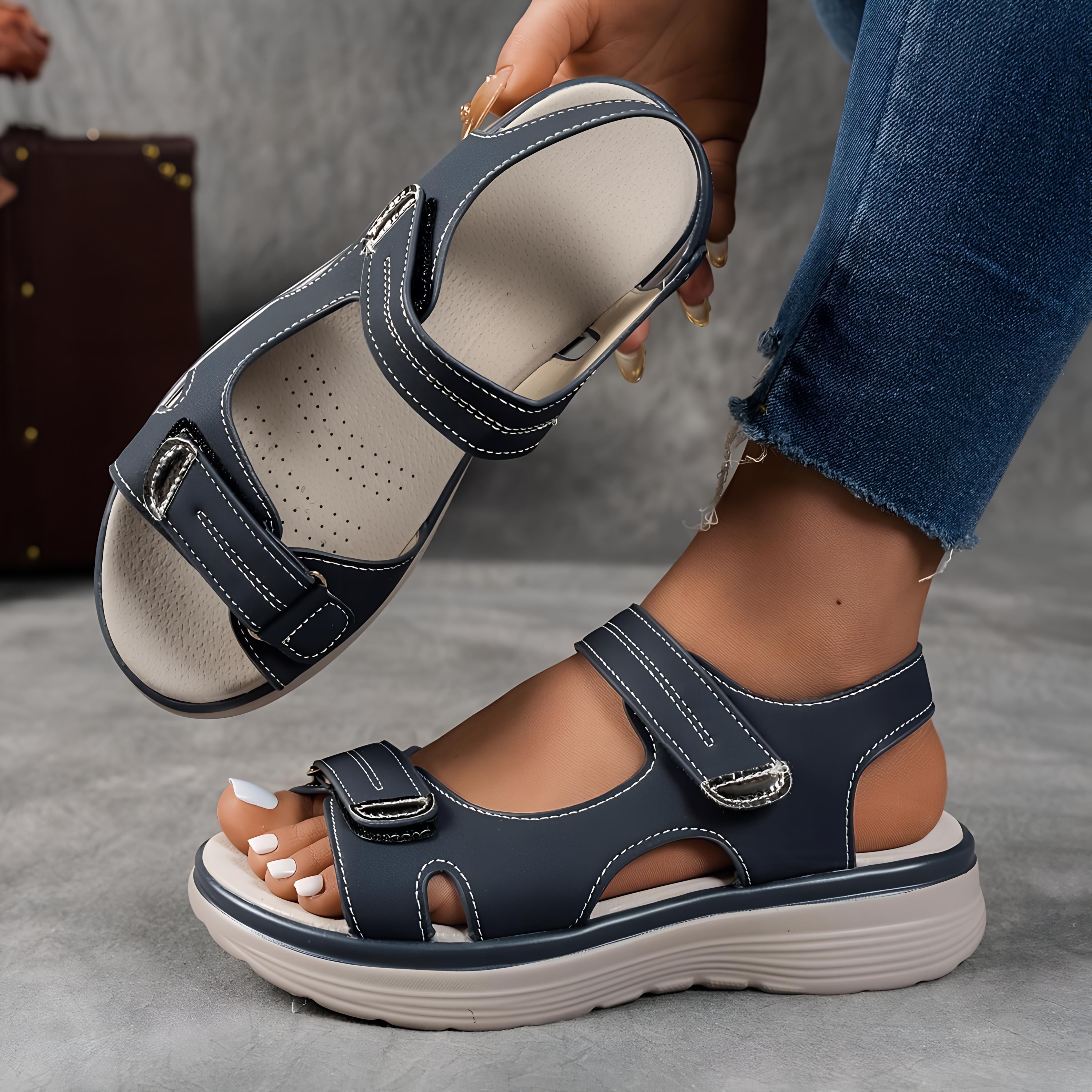 Женские удобные босоножки на танкетке, ремешок на щиколотке, открытый носок, толстая резиновая подошва, повседневная летняя обувь для отдыха на открытом воздухе 36 синий