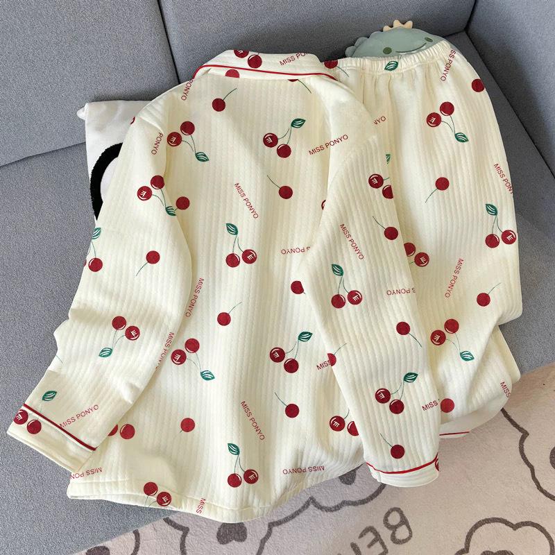 Spring new air cotton pajamas women's winter letter cherry long-sleeved set can be worn outside loungewear real shot