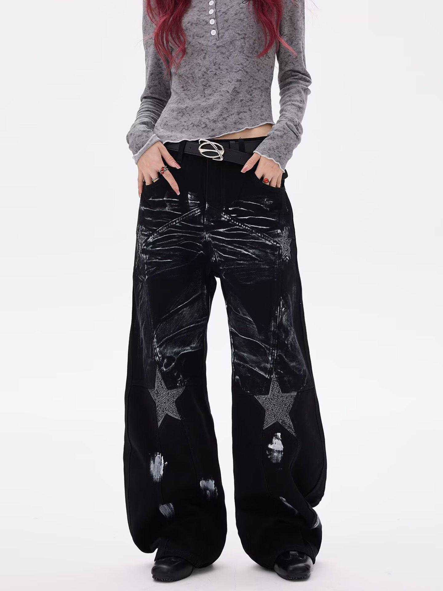 

Unisex Loose Wide-Leg Jeans with Splatter Print and Hot Drill Sickle Design M чёрный
