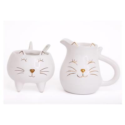 [A0010] - Golden Ivory "Cats" Ceramic Cream Pot and Sugar Bowl - Height 10 Cm