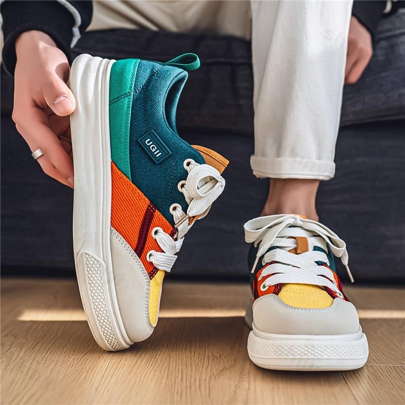Fashion Men's Color Blocked Casual Canvas Shoes 2025 Spring Fashion Trend Versatile Sports Sheos Thick Soled Comfortable Chunky Sneakers