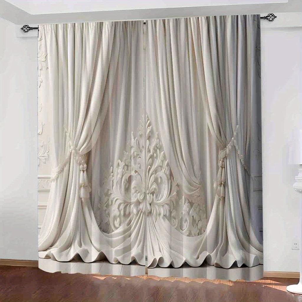 2PCS 3D white curtain art curtain, pole bag polyester material design, bedroom, home decoration