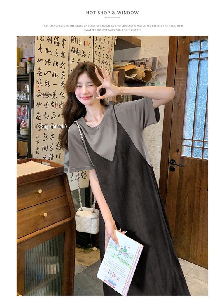 Summer 2025 Women's Gradient Suspender T-Shirt Dress - Age-Reducing, Fake Two-Piece, Medium-Length