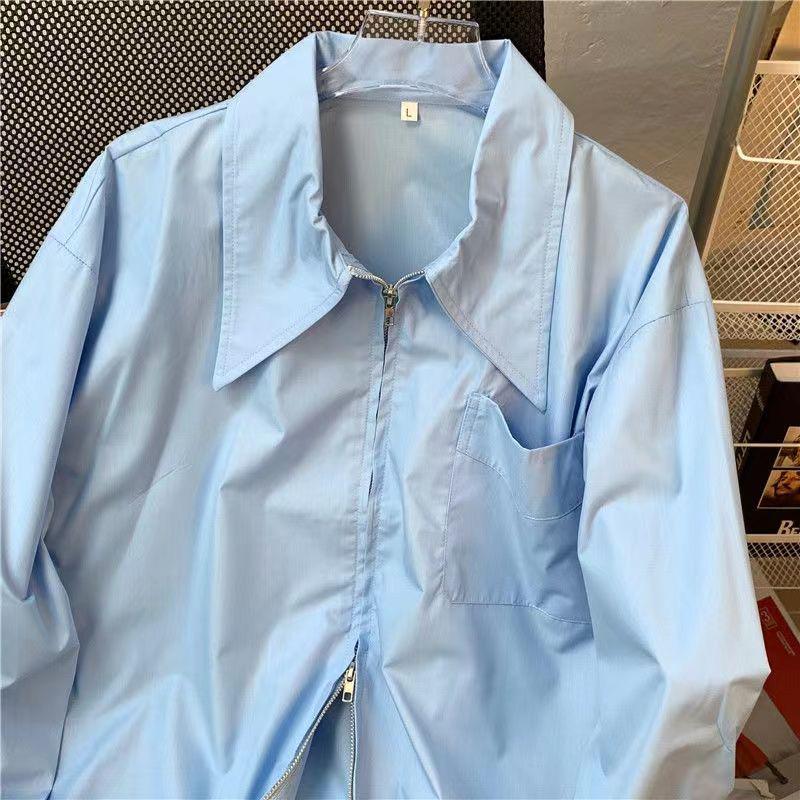 Women's White Zipper Shirt with Large Collar - Versatile for Layering, Unique Design