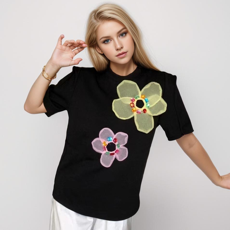 

DIMANAF 2025 Новая летняя женская футболка из хлопка с коротким рукавом и цветочным узором Свободные базовые повседневные топы с круглым вырезом Футболка Новая большая One Size