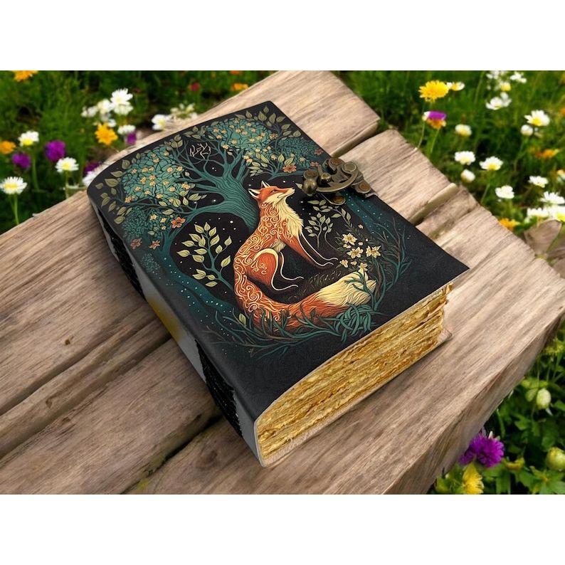Grimoire Fox Leather Journal Blank Spell Book of Shadows Fat Journal - Handmade Paper Vintage Journal for Women