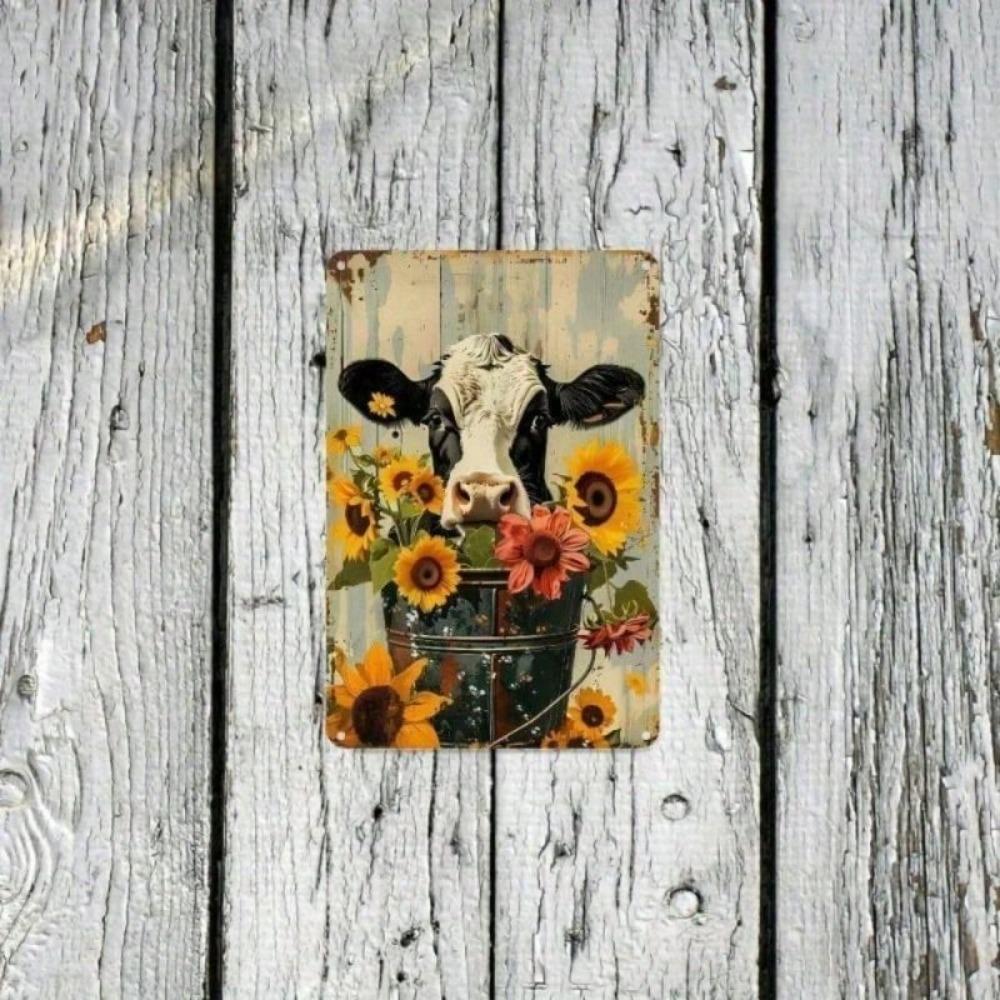 Retro Sunflower Cow Metal Wall Decor, Home Art Poster