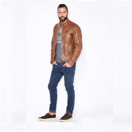 NOORA Mens Tan Brown Leather Jacket | Brown Motorcycle Jacket | Classical Western Jacket