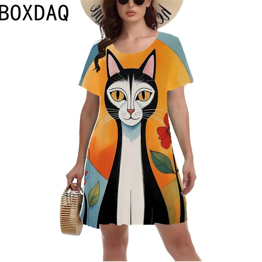 Summer Fashion 3d Funny Cat Print Dress Women's Casual A-line Dress Short-sleeved O-neck Mini Dress