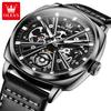 OLEVS 6685 OEM Custom Logo Relogio Luxuriös Skelett Durchbrochen Luminous Sport Echtsleder Automatisch Mechanische Uhr für Mann