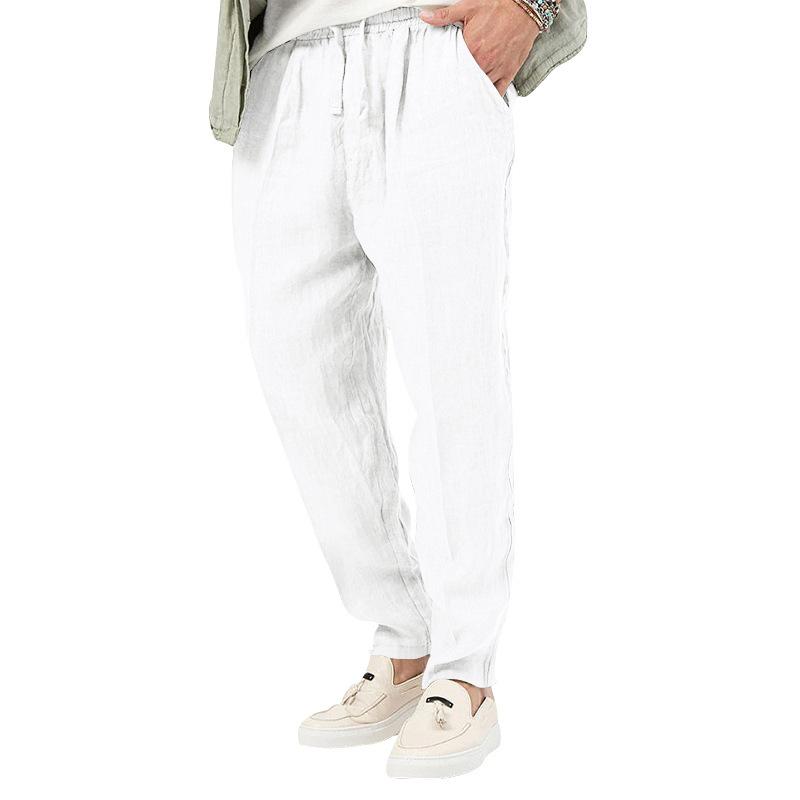 New Thin Section of Men's Fashion Large Size Solid Colour Leisure Drawstring Cotton Linen Trousers Breathable Trousers