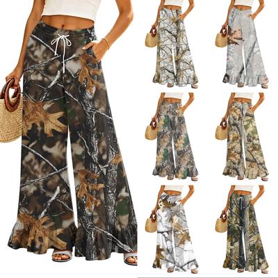 Women High Waist Wide Leg Pants with Pockets Drawstring Loose Fit Printed Casual Long Trousers Lightweight Fabric Ruffle Hem