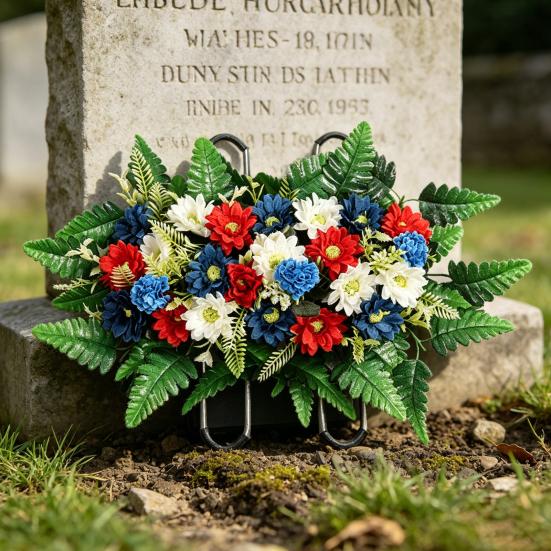 Artificial Memorial Day Flower for Cemetery UV Resistant Red White Blue Patriotic Wildflower Bouquet for Veterans Day Gravesite Headstone Decoration