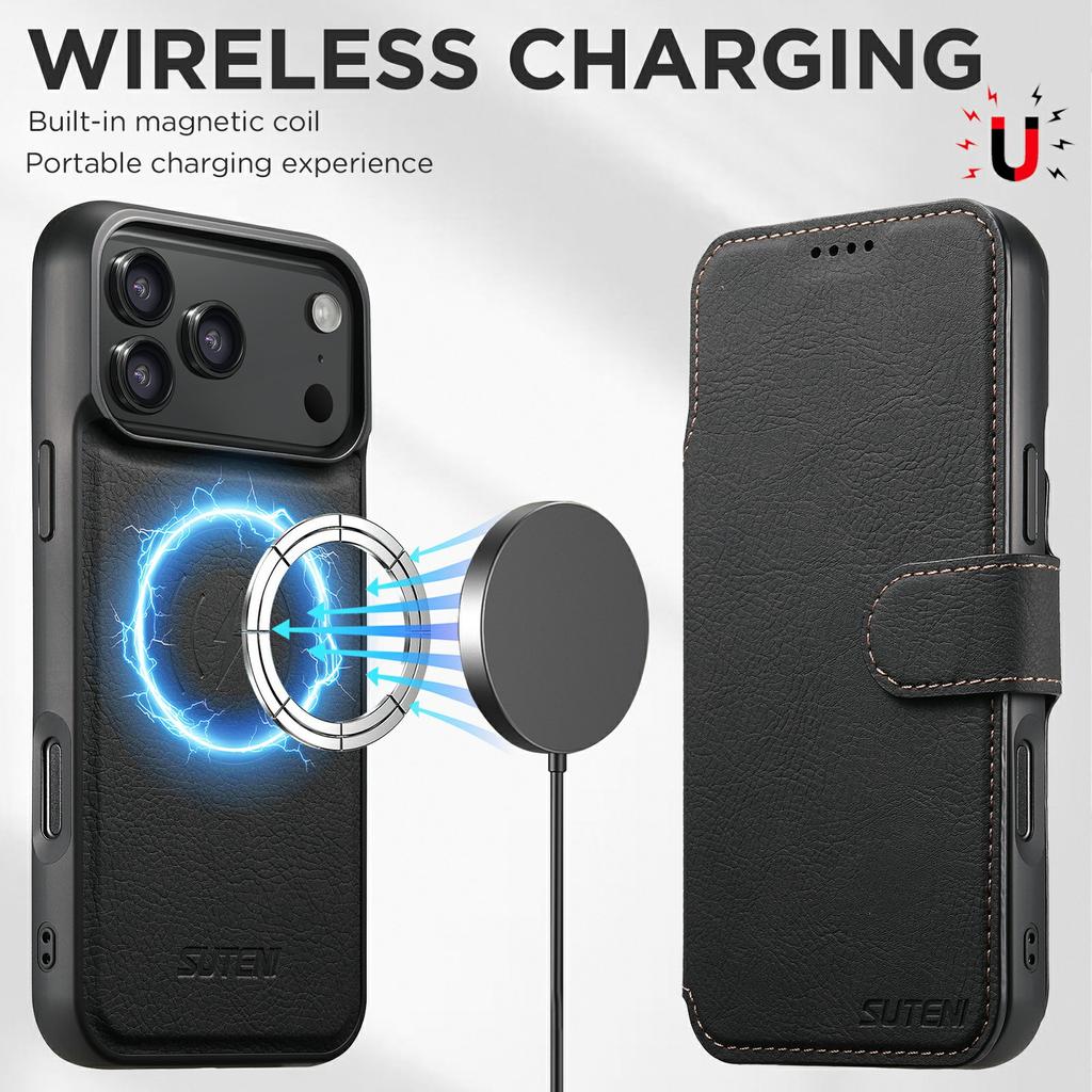 SUTENI Q-05 For iPhone 17 Pro Max Case Detachable Wallet Stand Litchi Texture Leather Flip Phone Cover