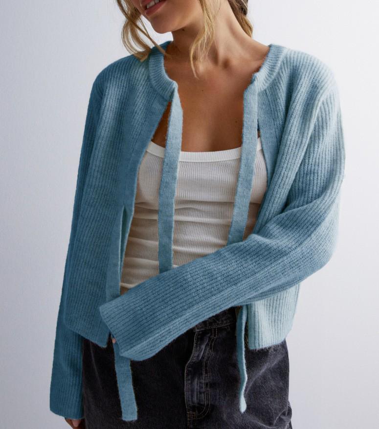 2026 Autumn/Winter Women's Solid Color Loose Knit Cardigan with Tie-up - European and American Style