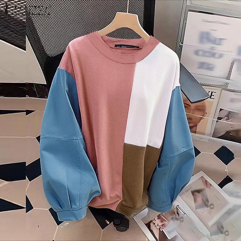 ZANZEA Women Casual Round Neck Long Sleeve Patchwork Pullover Thin Sweatshirt